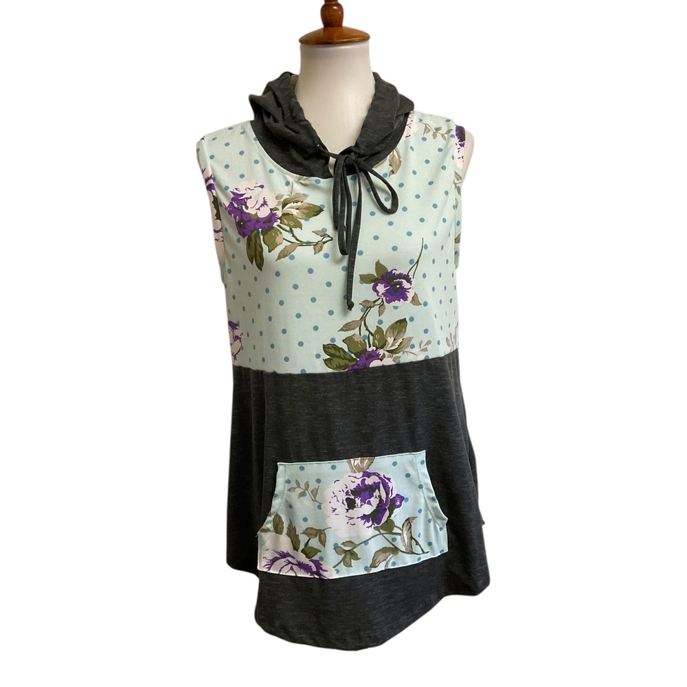 LuLaRoe Sleeveless Hoodie Women Medium Mint Floral Polka Dot Excellent